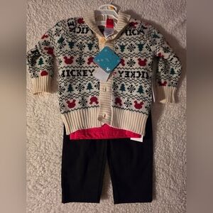 Disney Baby 3 Piece Set With Red Mickey & Green Trees--Cardigan, Shirt, Pants